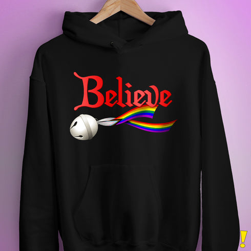 Believe Progress Pride LGBTQ Jingle Bell Hoodie - Black